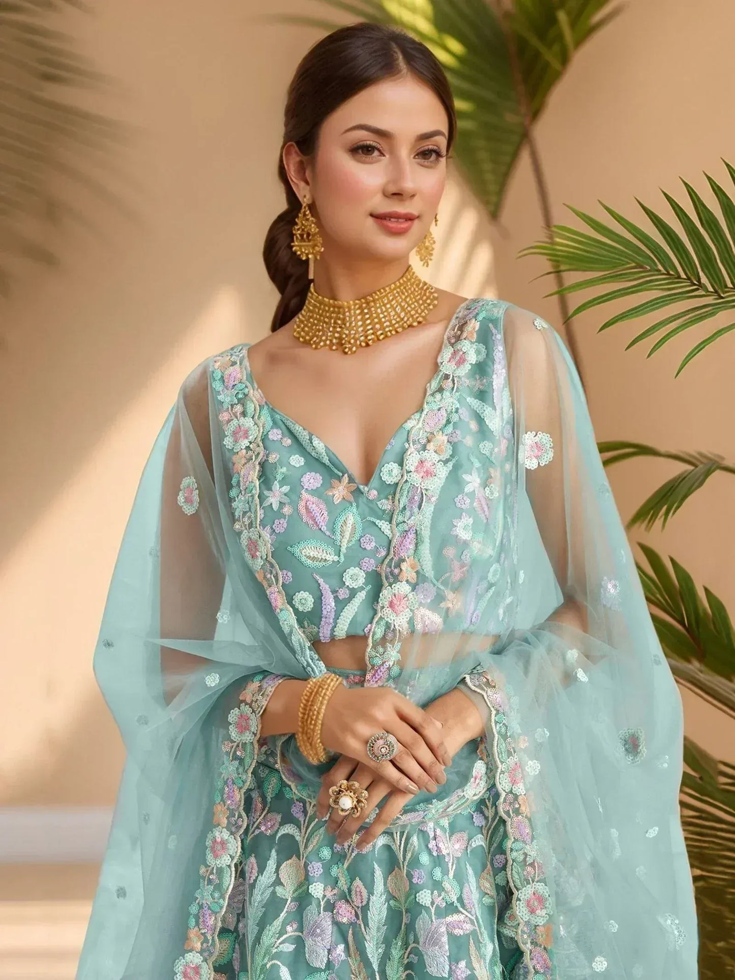 Pastels Embroidered Net Designer Lehenga Choli With Dupatta