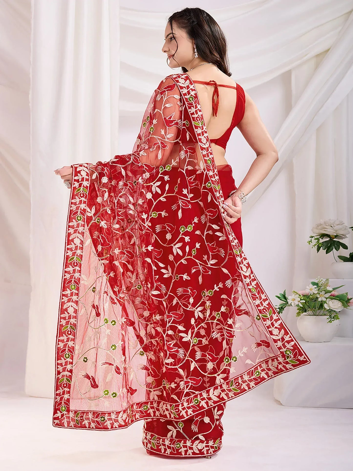 Thread Embroidered Net Party Wear Saree With Blouse - Black, Maroon, Rani Pink