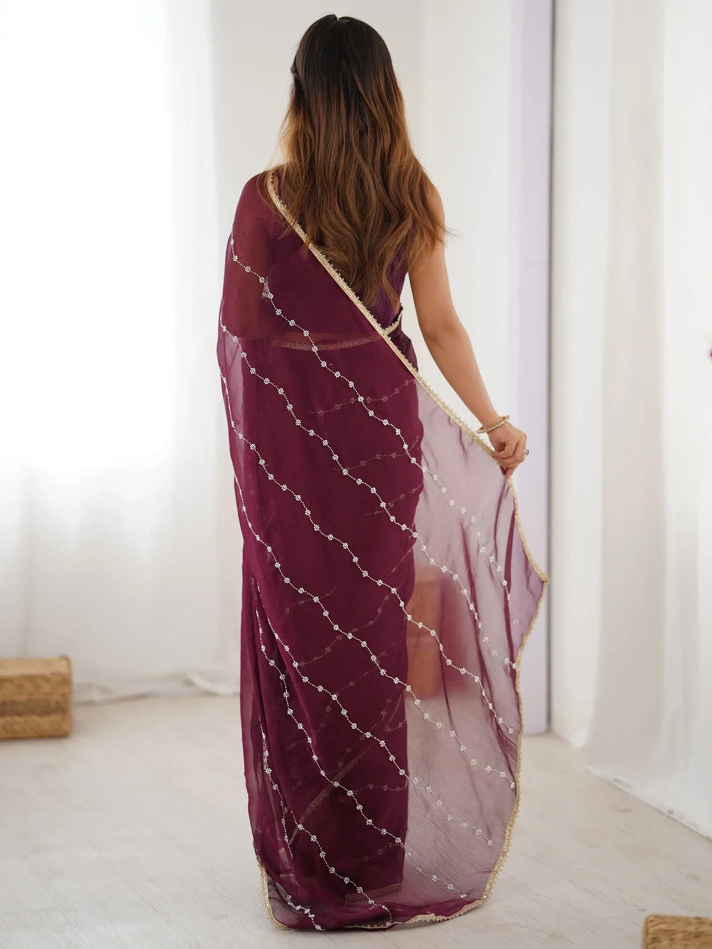 Gorgeous Beads Work Chiffon Saree With Blouse