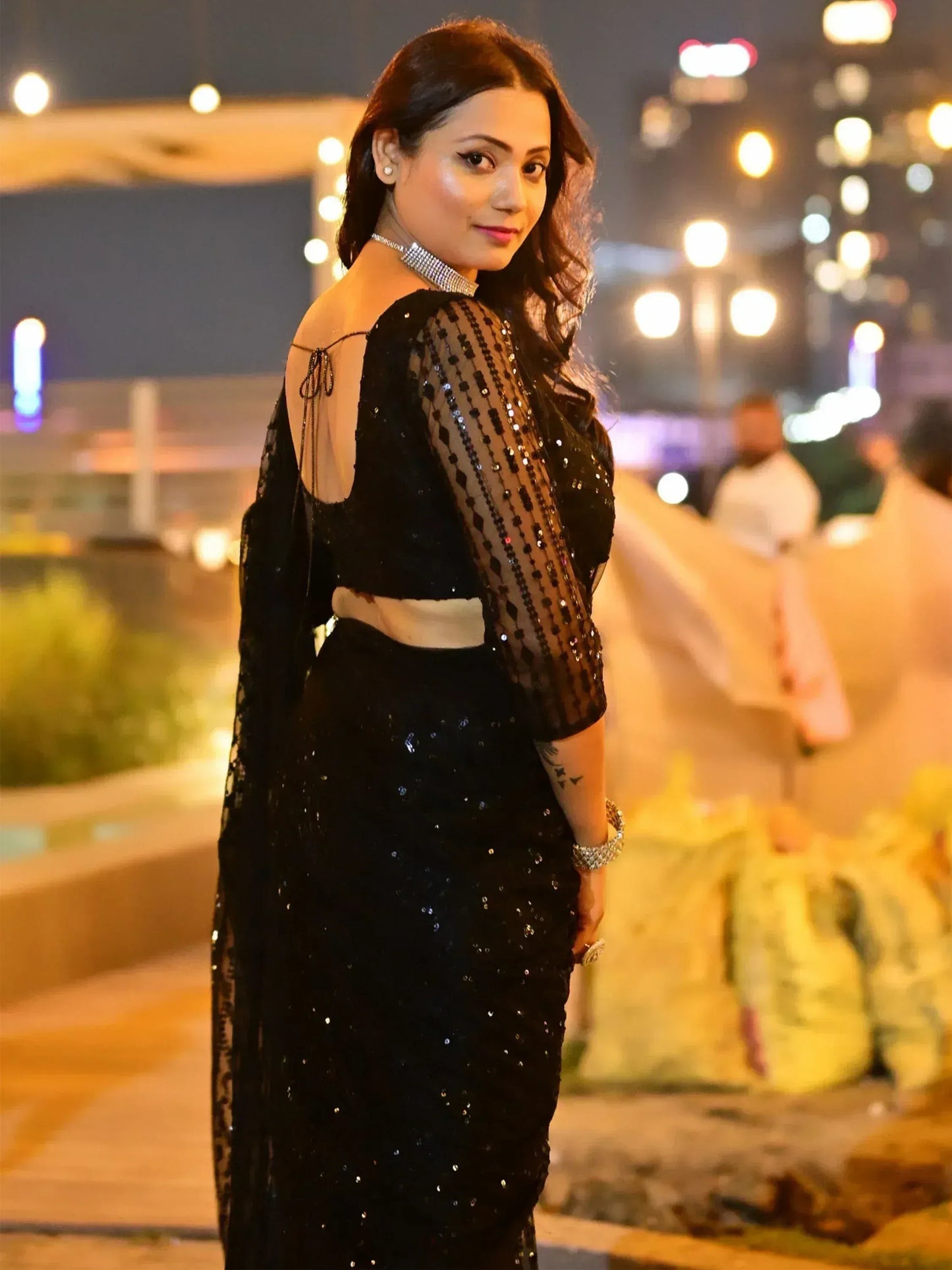 Black Sequins Work Net Party Wear Saree With Blouse