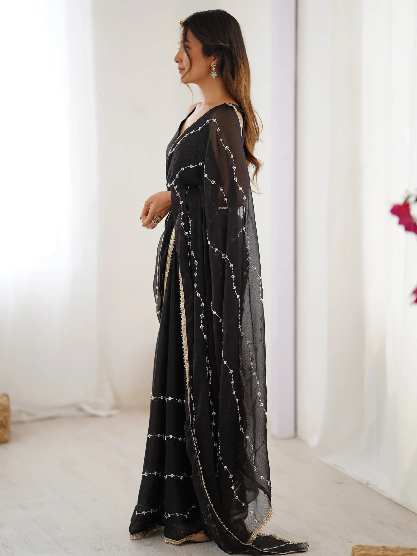 Gorgeous Beads Work Chiffon Saree With Blouse