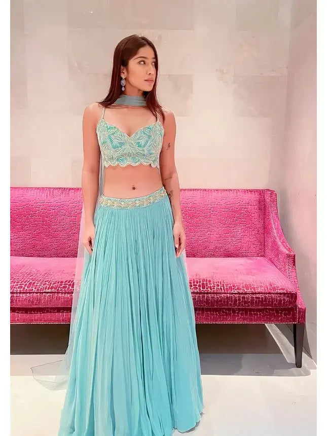 Turquoise Embroidery Georgette Lehenga Set