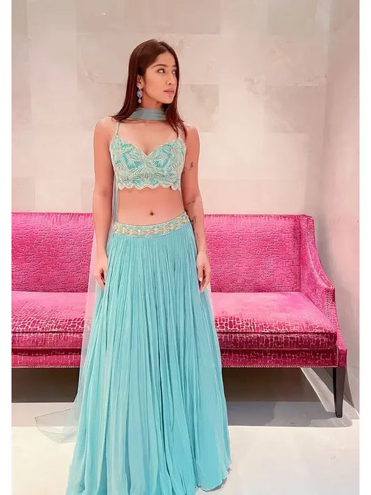 Turquoise Embroidery Georgette Lehenga Set