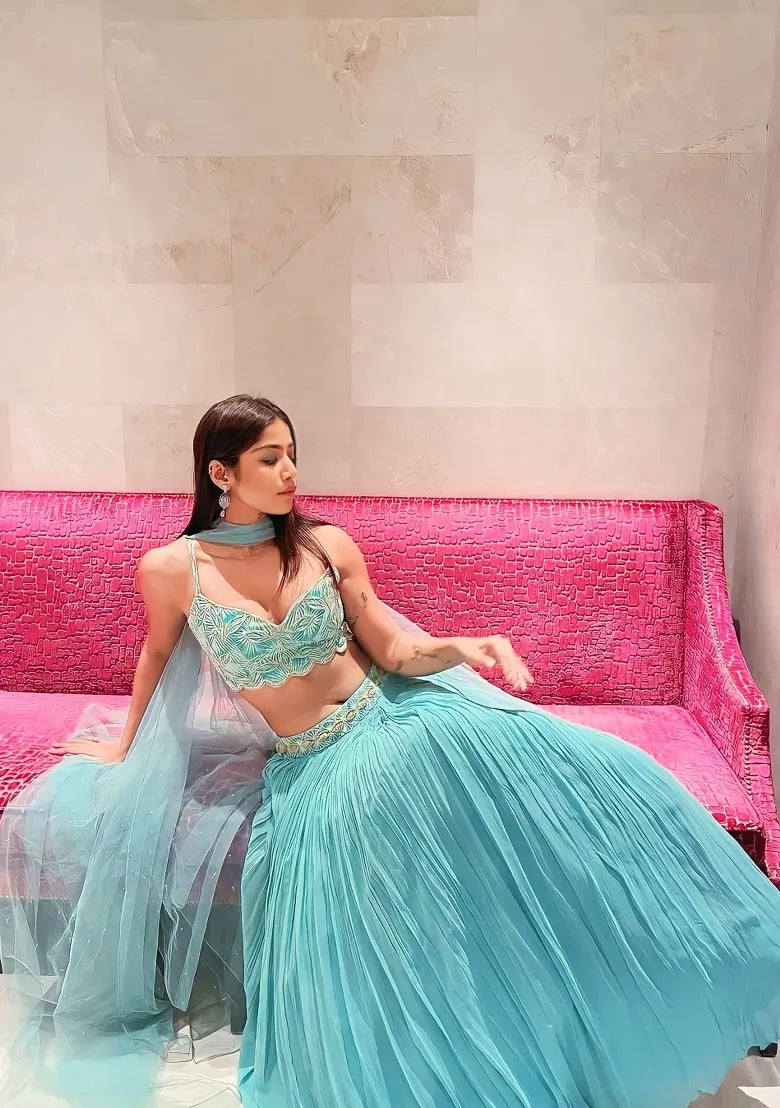 Turquoise Embroidery Georgette Lehenga Set