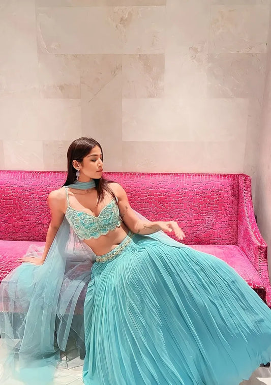 Turquoise Embroidery Georgette Lehenga Set