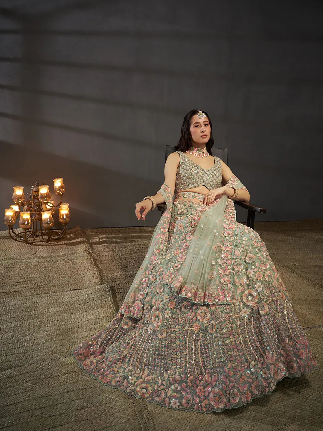 Sea Green Multi Sequins Embroidered Net Semi-Stitched Bridal Lehenga choli
