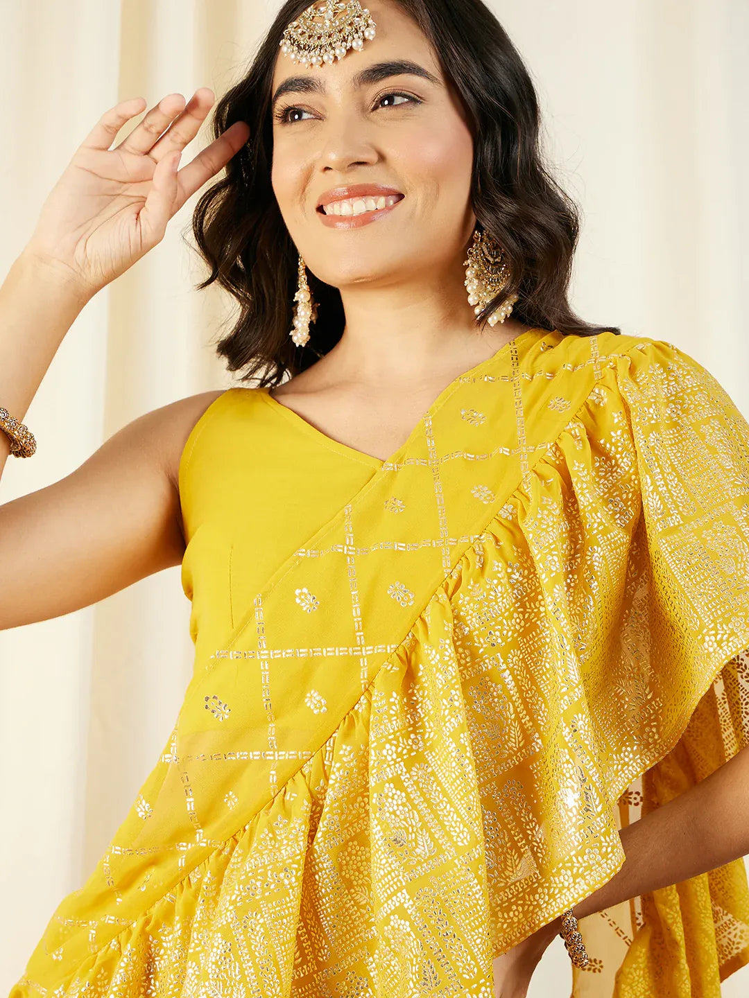 Crop Top with Sharara Saree and frill Dupatta in Ethnic Motifs