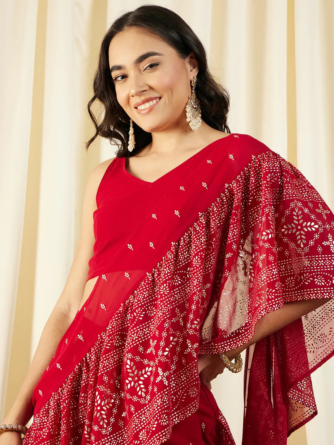 Crop Top with Sharara Saree and frill Dupatta in Ethnic Motifs