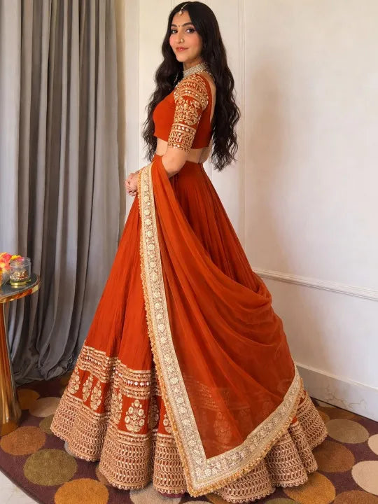 Embroidered Silk Georgette Lehenga & Pure Georgette Blouse With Organza Dupatta