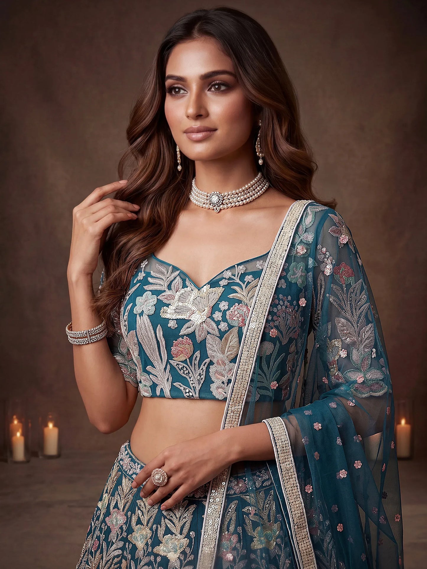 Sequins Net Engagement wear Lehenga Choli with Dupatta- Wine & Navy