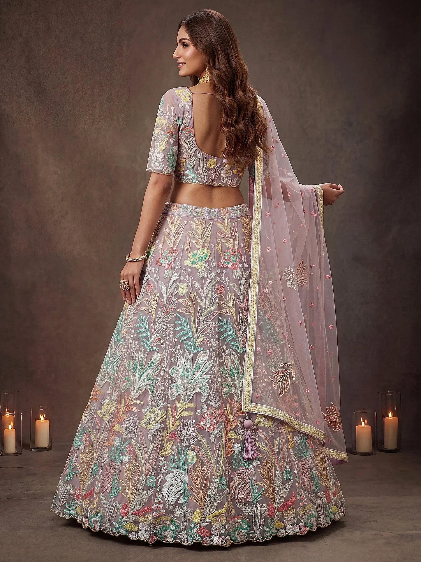 Sparkling Embroidered Net Marriage Wear Lehenga Choli - Pista Green & Lavender