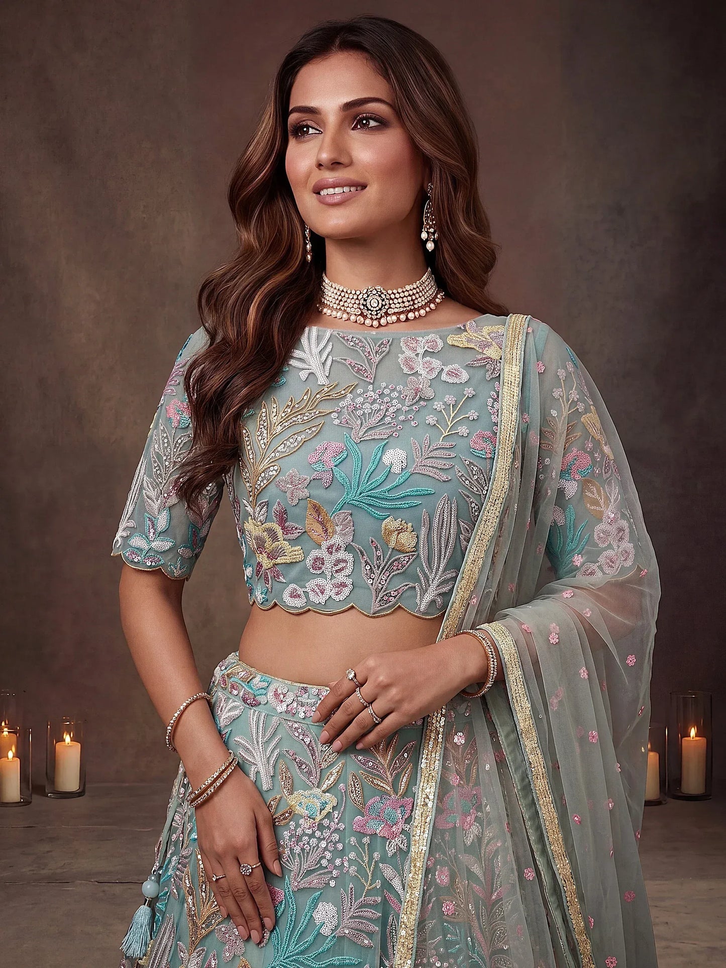 Sparkling Embroidered Net Marriage Wear Lehenga Choli - Pista Green & Lavender
