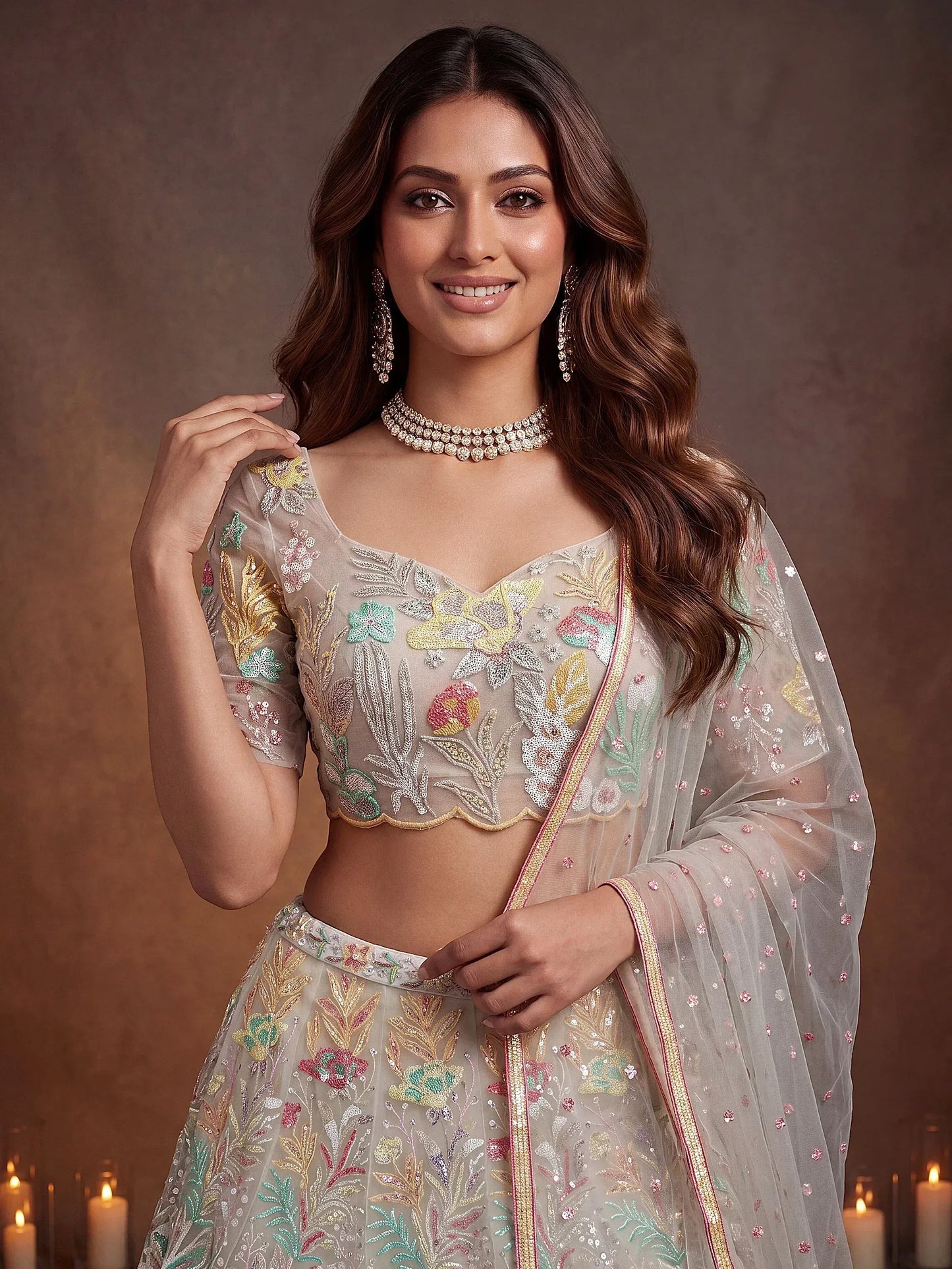 Sequins Off White Net Wedding & Party Wear Lehenga Choli