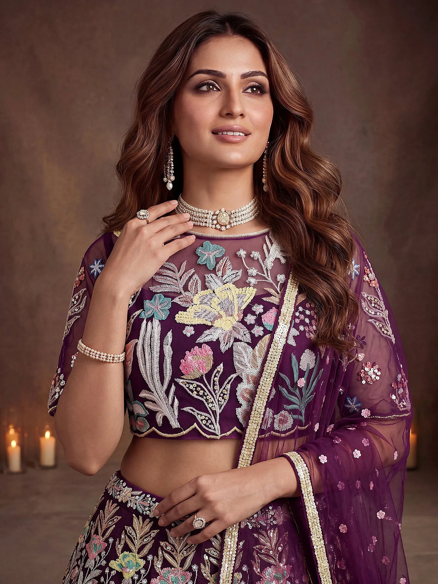 Sequins Net Engagement wear Lehenga Choli with Dupatta- Wine & Navy