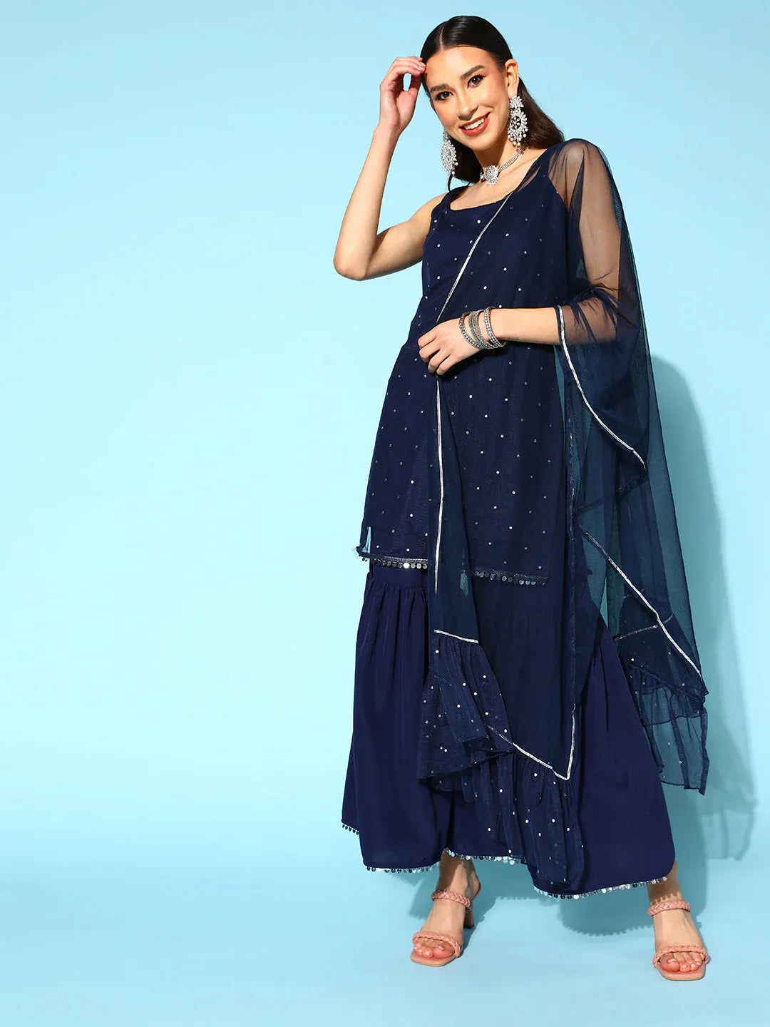Women's Navy Blue Top to Toe Printed Fusion Sharara Sets With Dupatta