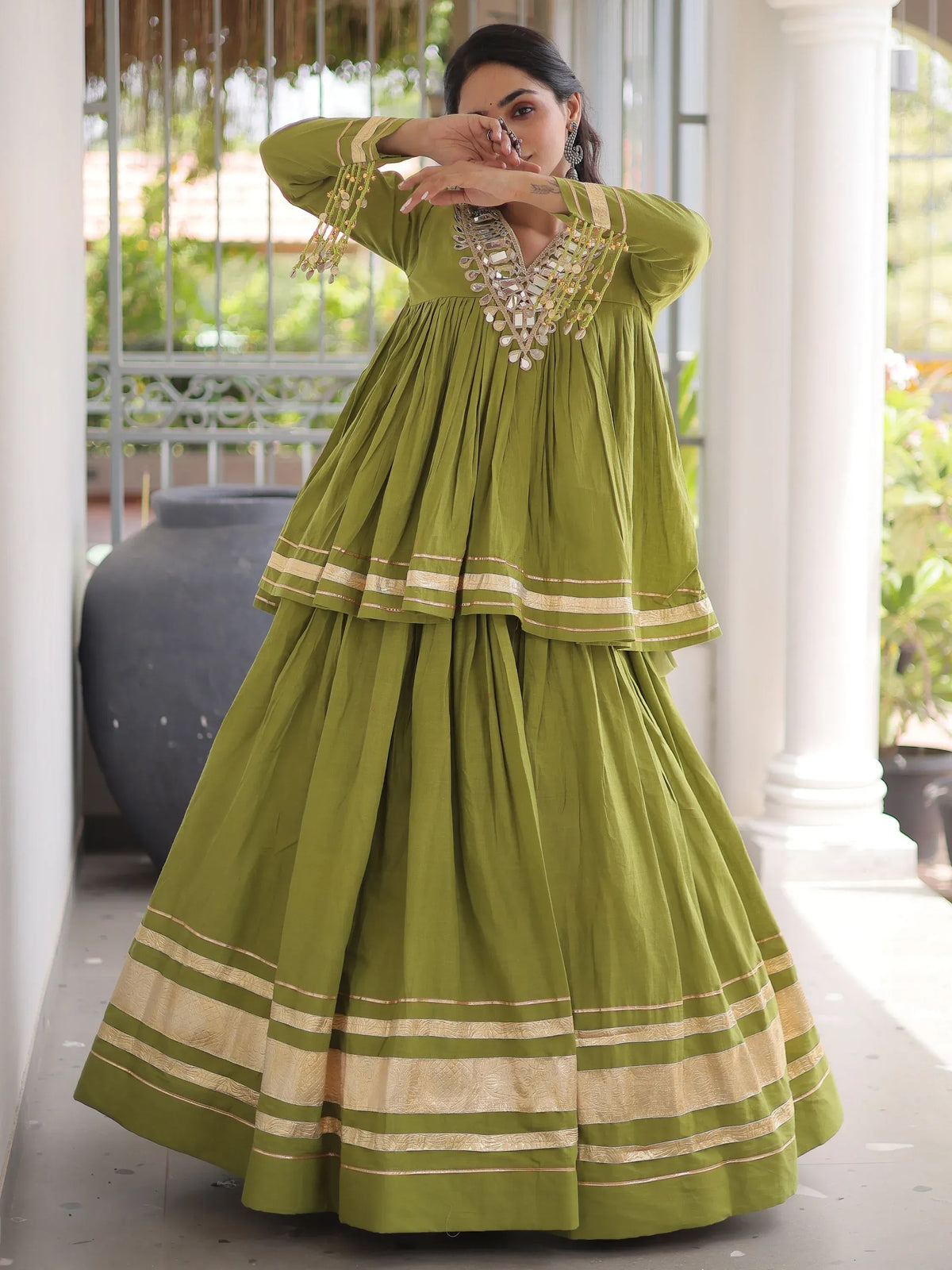 Green Gota-Laced Navratri Wear Lehenga With Peplum Top