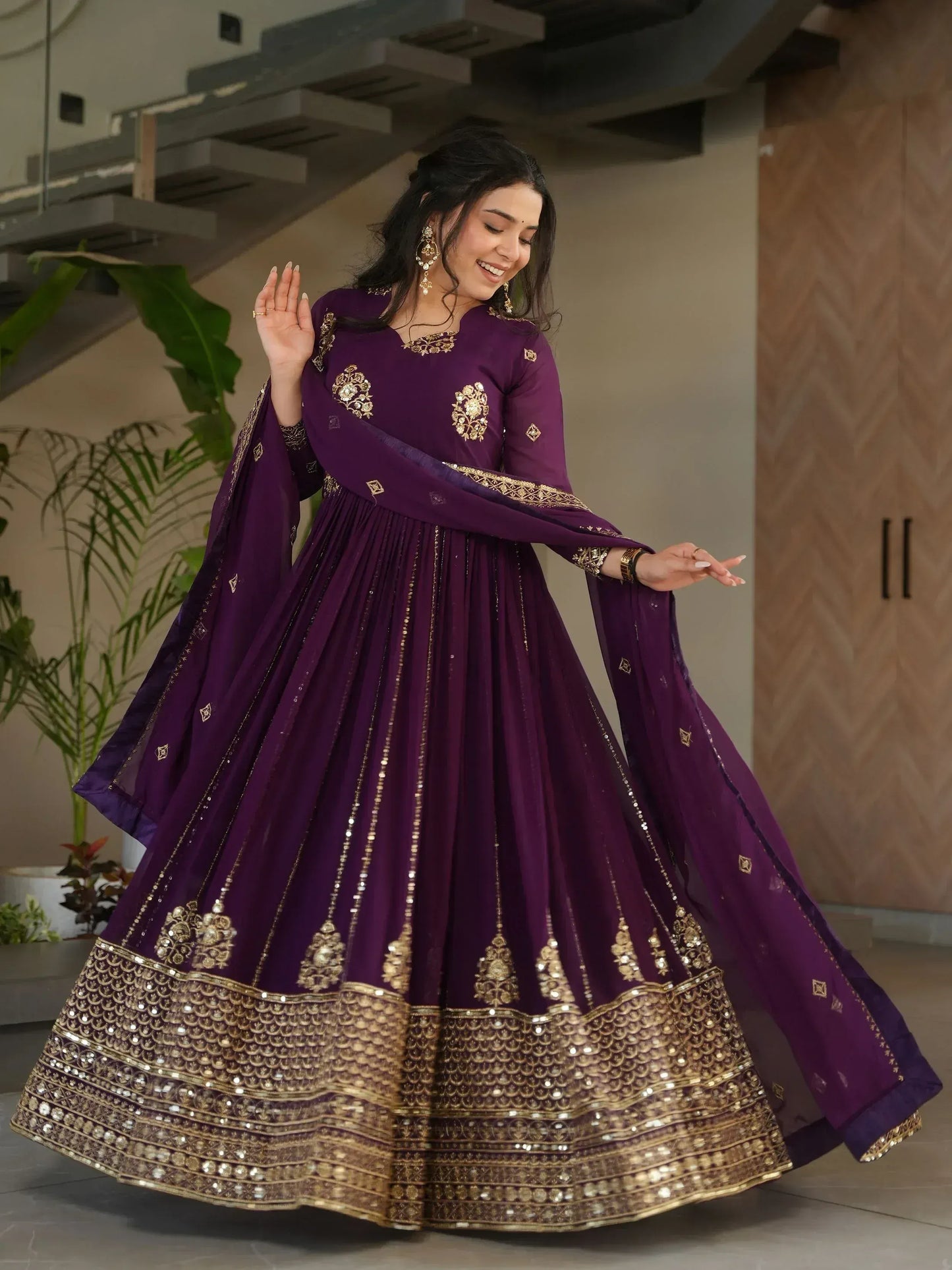 Intricate Georgette Sequins Embroidered Gown With Dupatta