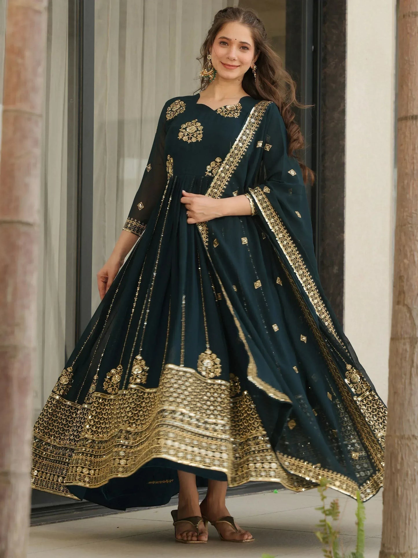 Intricate Georgette Sequins Embroidered Gown With Dupatta