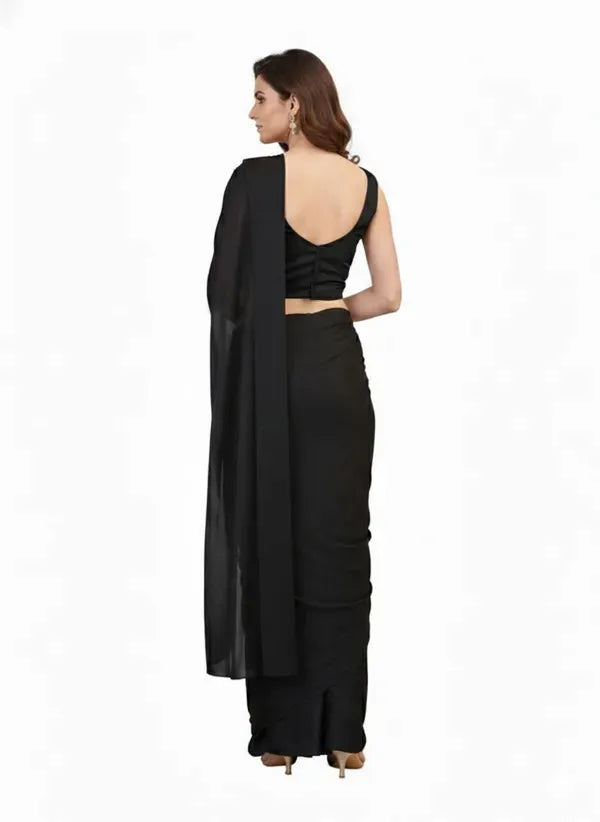 Embellished Solid Plain Pre Draped Saree Lycra Saree Black