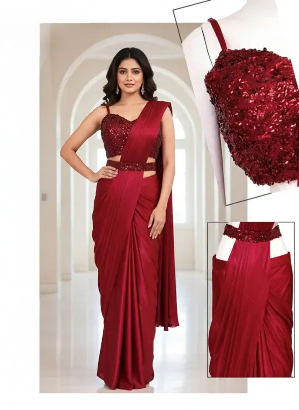 Embroidered Embellished Pre Draped Ready to Wear Lycra Saree Maroon