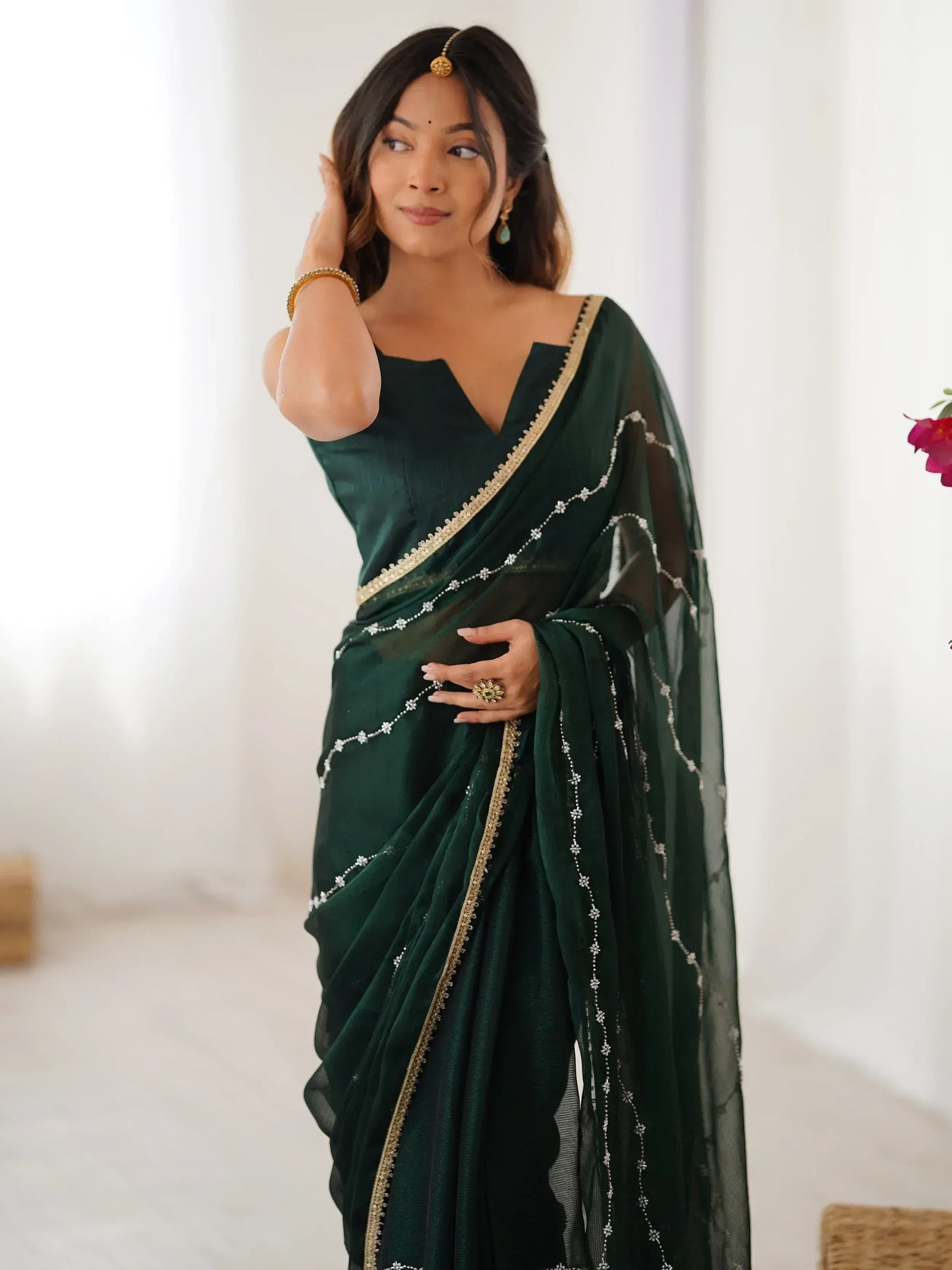 Gorgeous Beads Work Chiffon Saree With Blouse