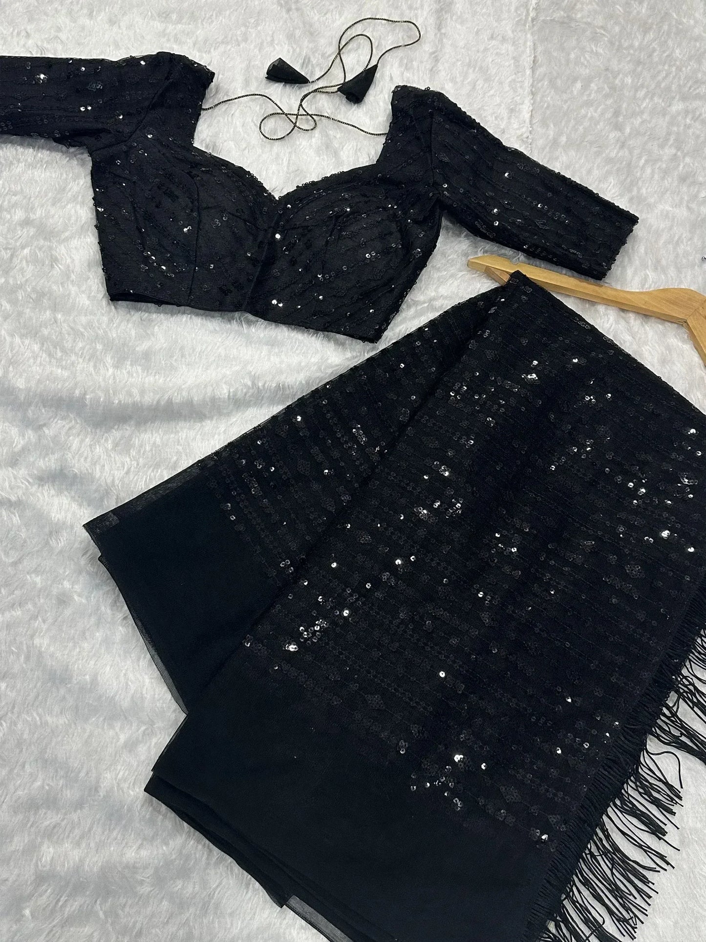 Black Sequins Work Net Party Wear Saree With Blouse