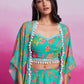 Fabulous Turquoise Georgette Western Wear Crop Top Skirt With Shrug