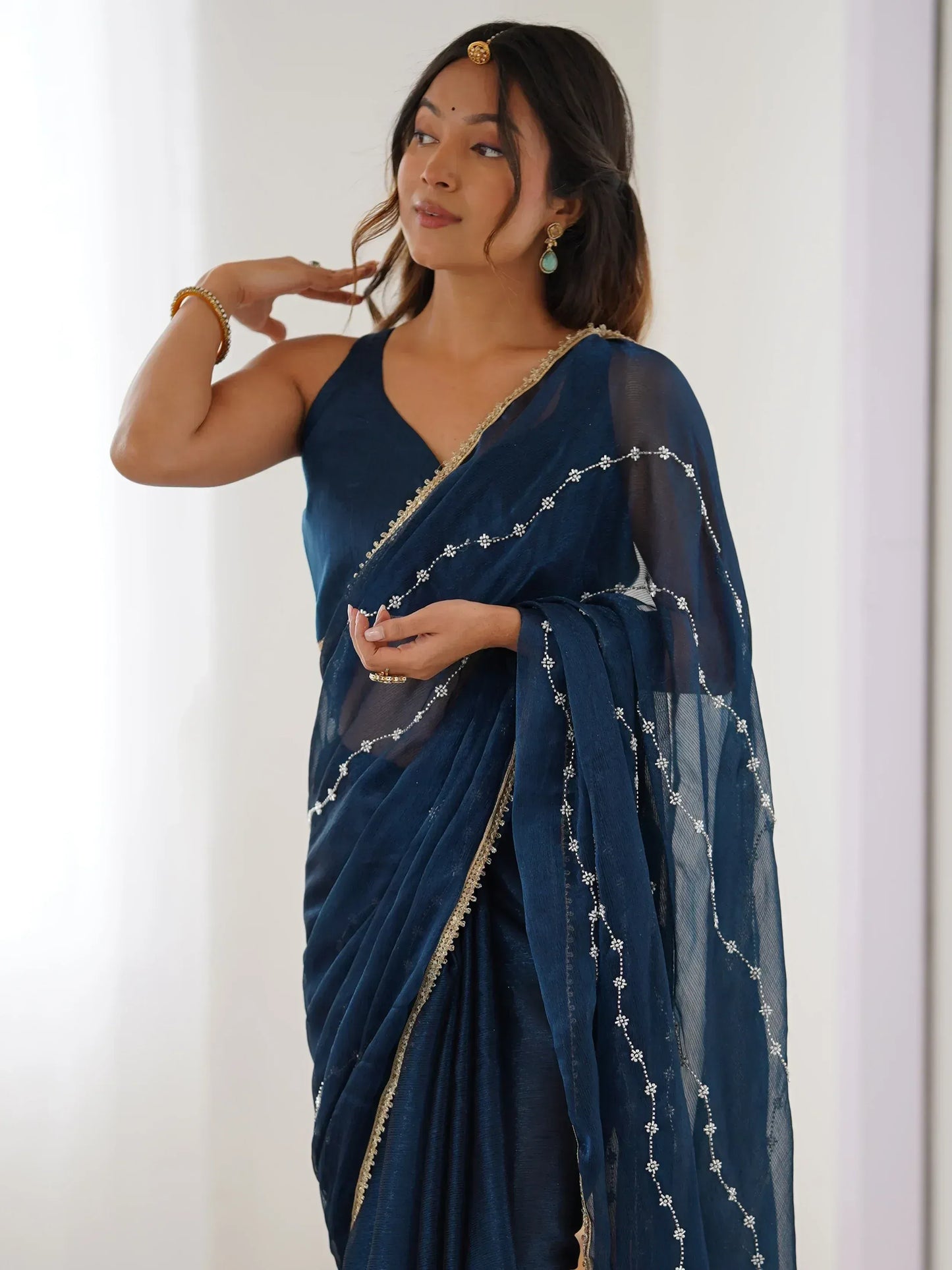 Gorgeous Beads Work Chiffon Saree With Blouse