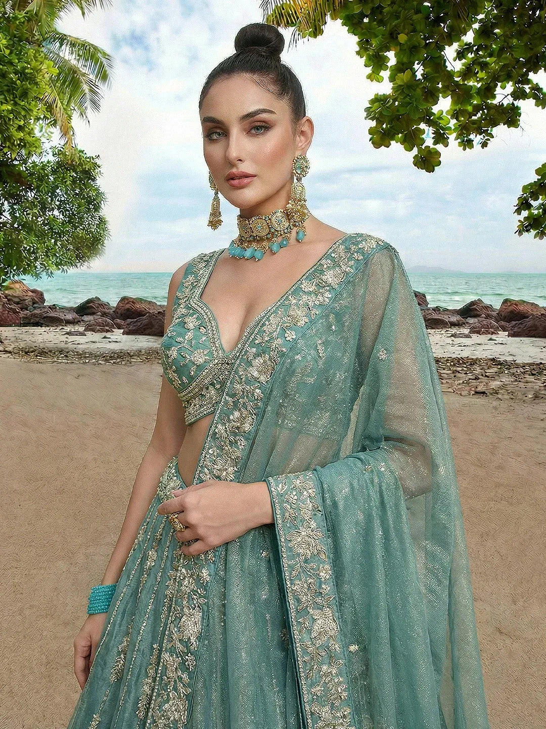 Turquoise Chiffon Sequence with Zari thread Embroidered Lehenga Set