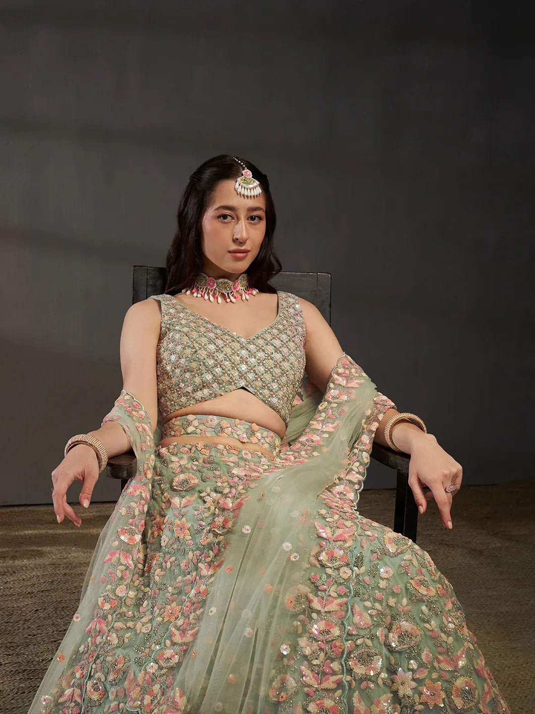 Sea Green Multi Sequins Embroidered Net Semi-Stitched Bridal Lehenga choli