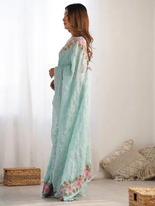 Sky Blue Embroidered Sequined Pure Georgette Saree