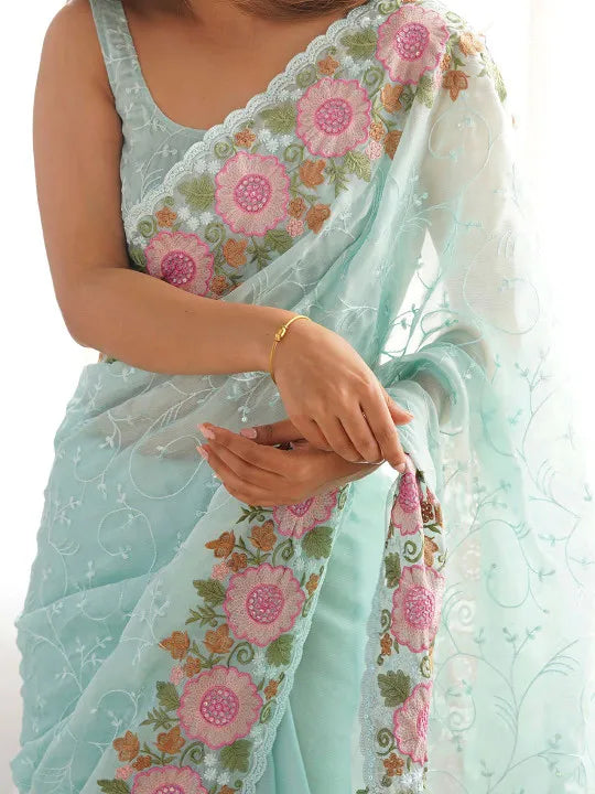 Sky Blue Embroidered Sequined Pure Georgette Saree