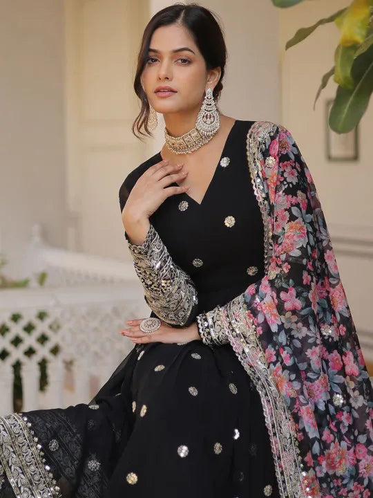 Floral Embroidered Sequined Georgette Anarkali Kurta With Dupatta
