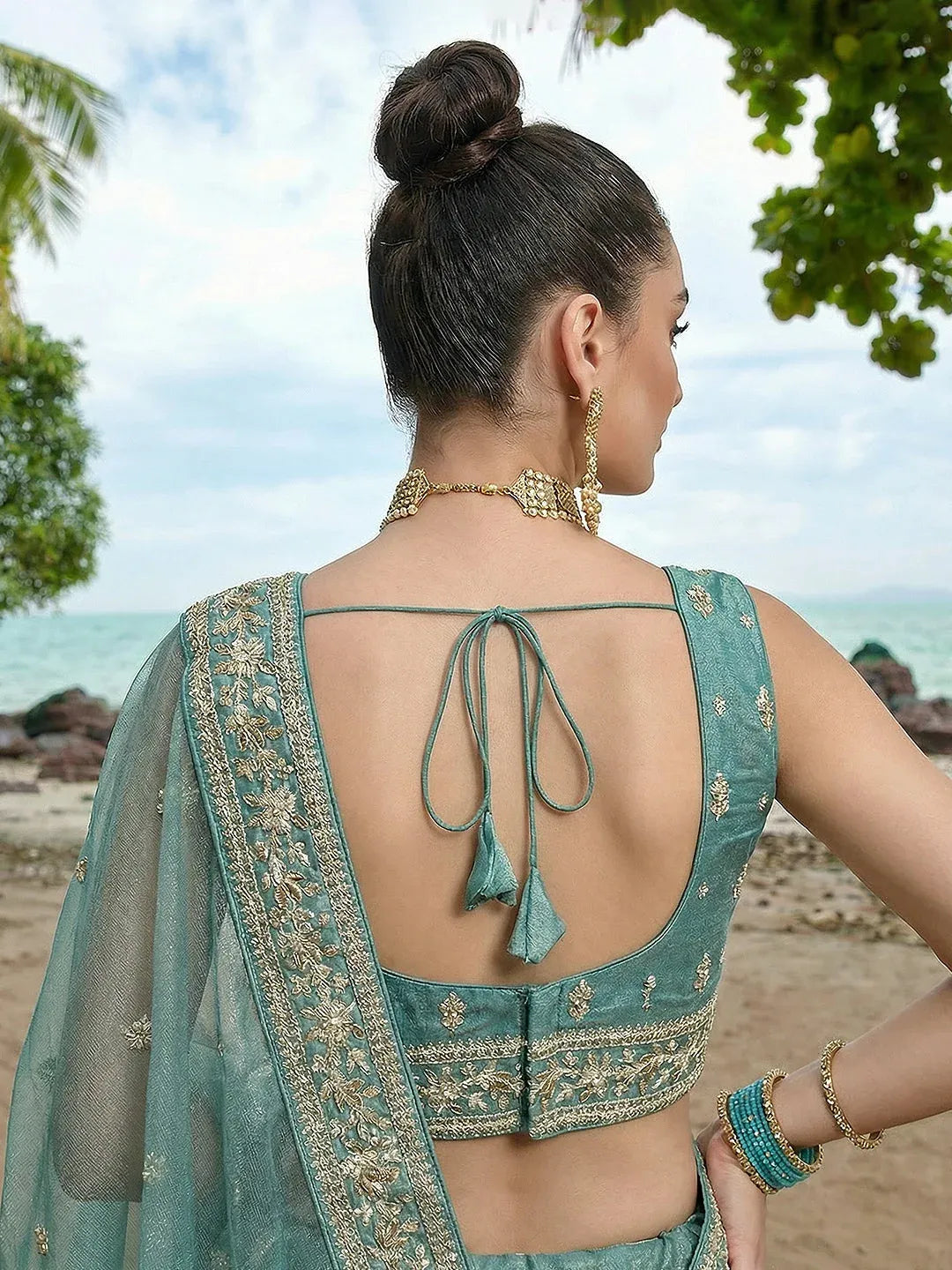Turquoise Chiffon Sequence with Zari thread Embroidered Lehenga Set