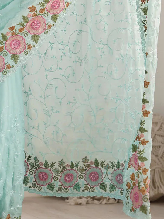 Sky Blue Embroidered Sequined Pure Georgette Saree