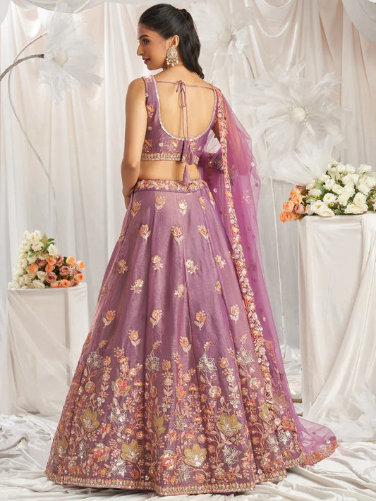 Lavender - Organza Patch type work Embroidered Using Golden Color Sequin,Multi-Thread Semi-Stitched Lehenga Choli
