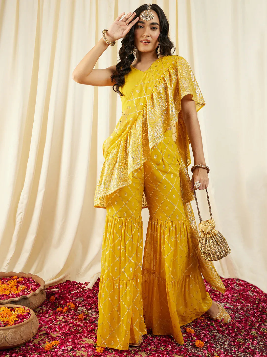 Crop Top with Sharara Saree and frill Dupatta in Ethnic Motifs