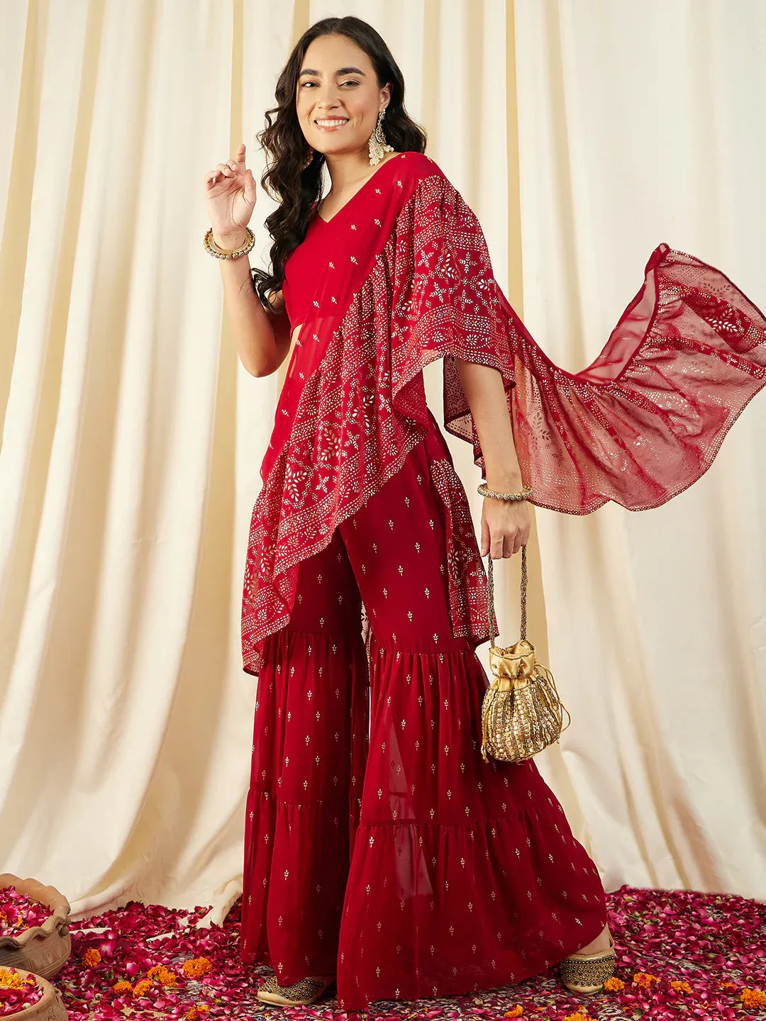 Crop Top with Sharara Saree and frill Dupatta in Ethnic Motifs