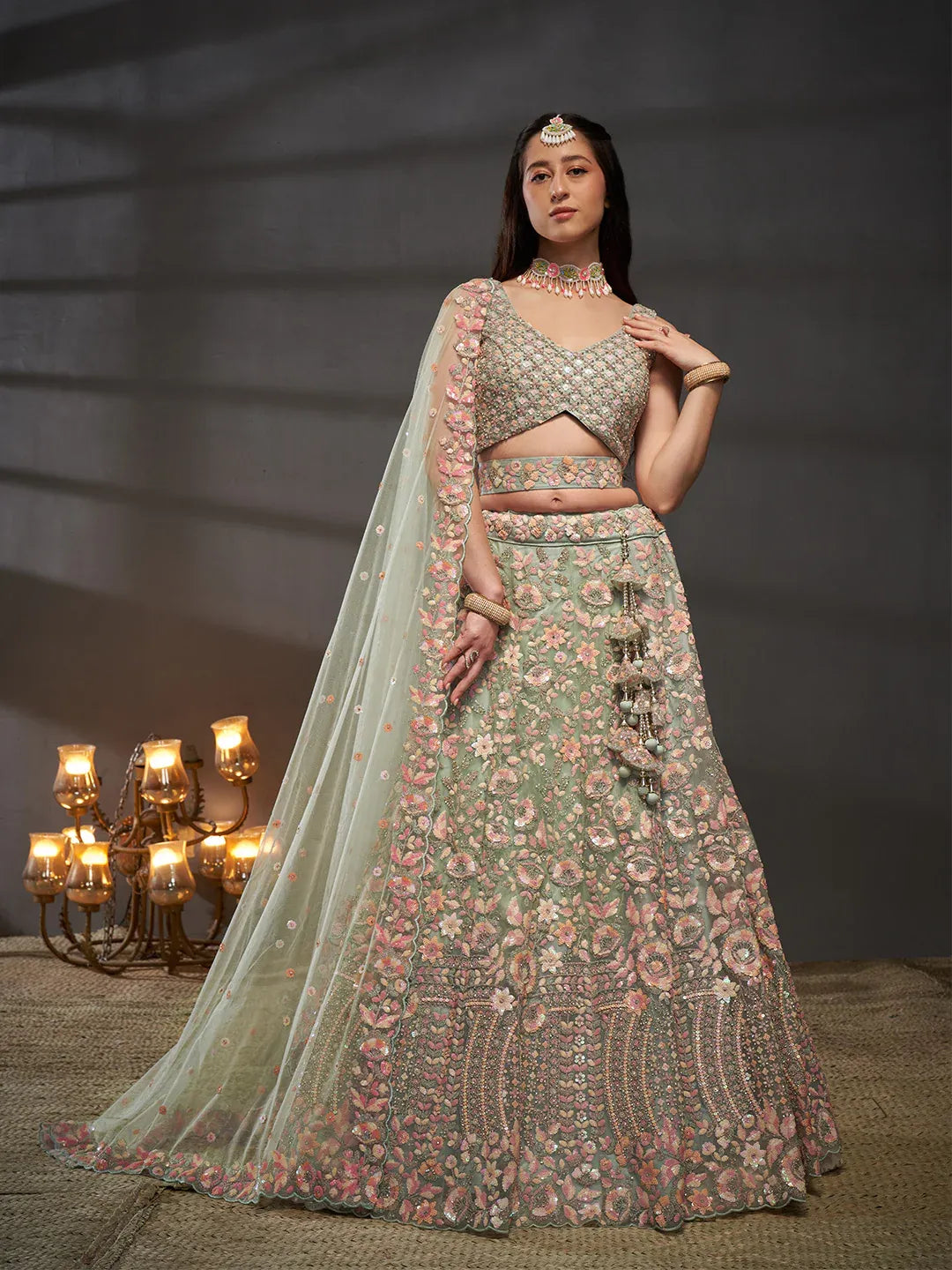 Sea Green Multi Sequins Embroidered Net Semi-Stitched Bridal Lehenga choli