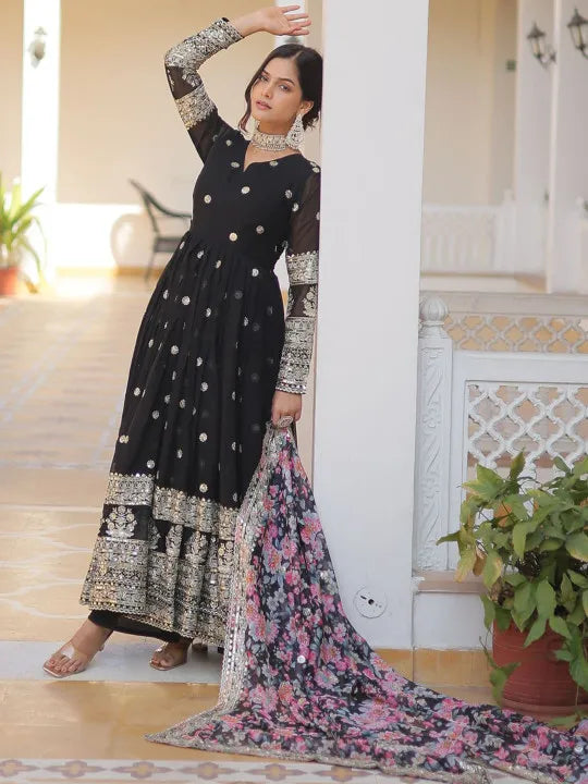Floral Embroidered Sequined Georgette Anarkali Kurta With Dupatta