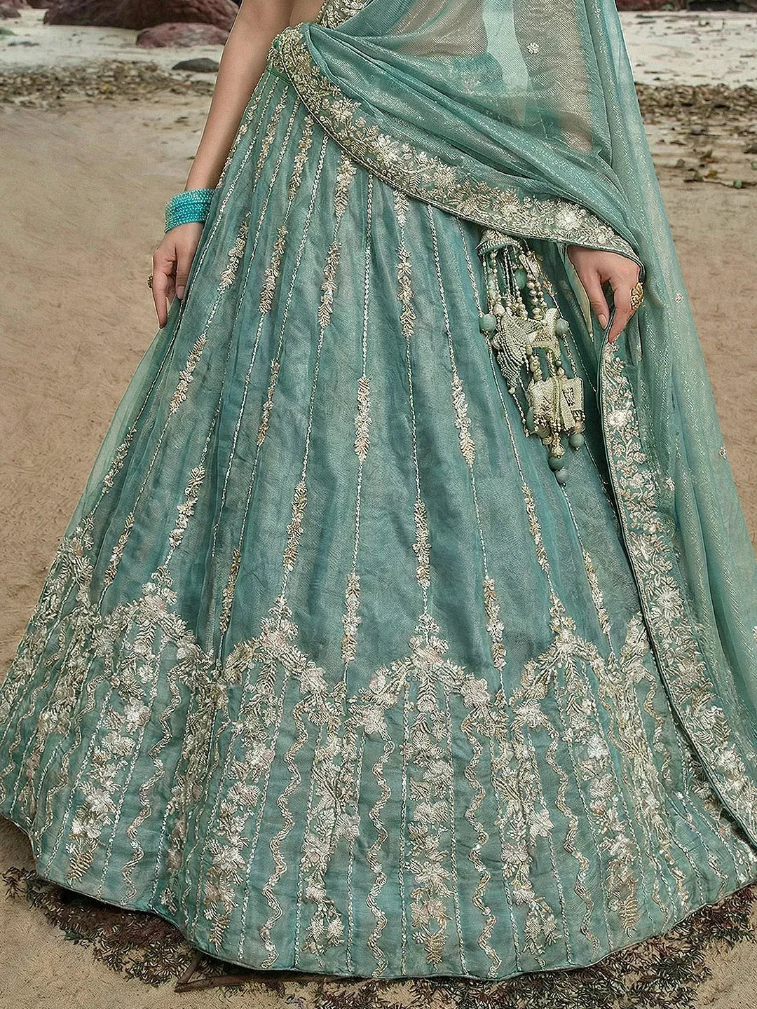 Turquoise Chiffon Sequence with Zari thread Embroidered Lehenga Set