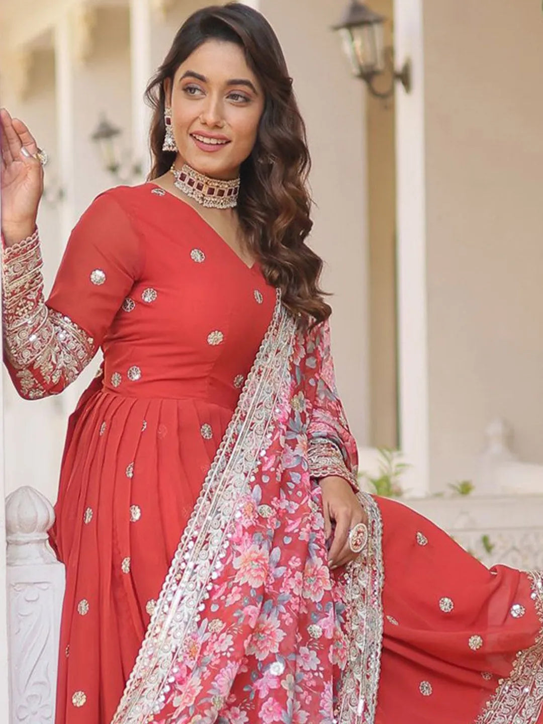 Floral Embroidered Sequined Georgette Anarkali Kurta With Dupatta