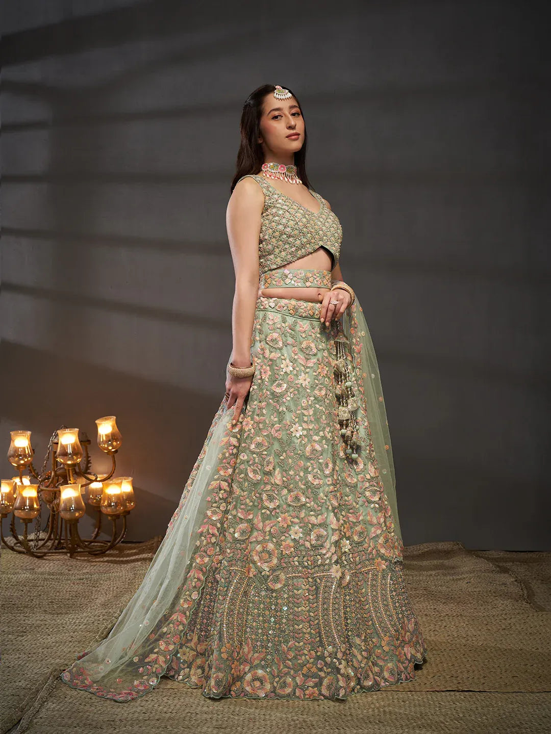 Sea Green Multi Sequins Embroidered Net Semi-Stitched Bridal Lehenga choli