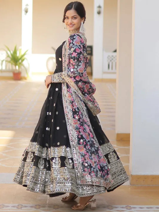 Floral Embroidered Sequined Georgette Anarkali Kurta With Dupatta