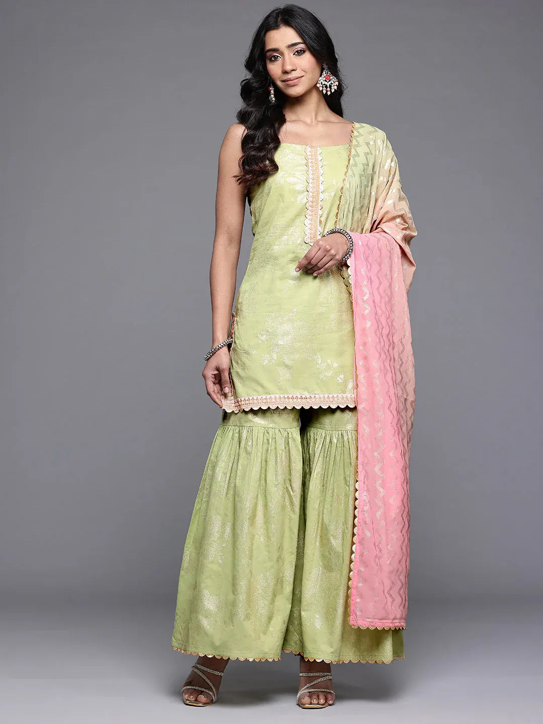 Floral Printed Gotta Patti Pure Cotton Kurti with Sharara & With Dupatta