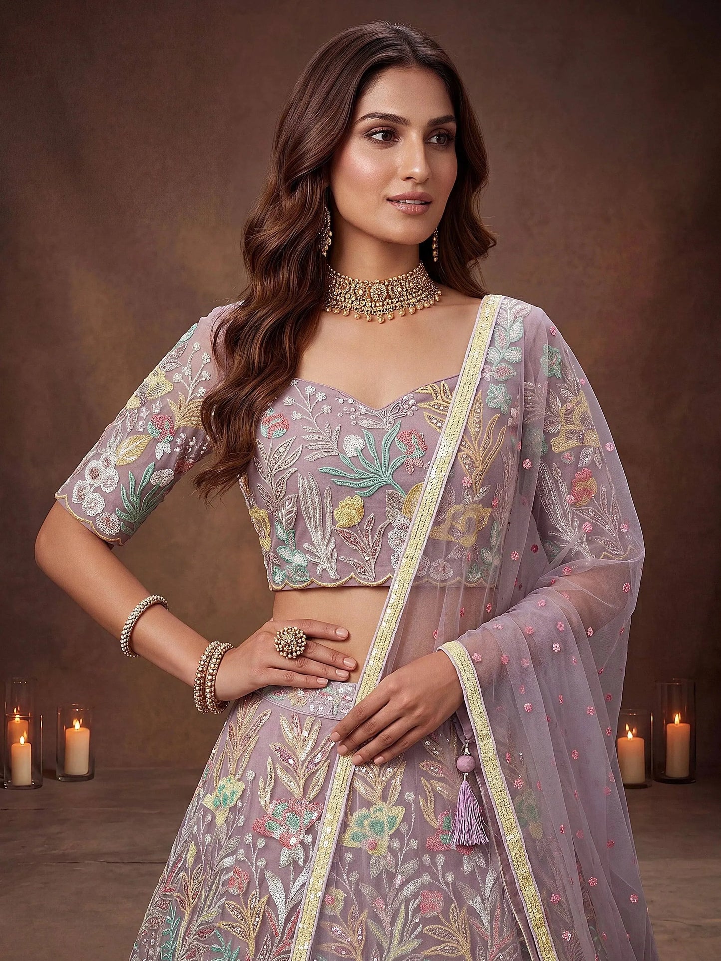 Sparkling Embroidered Net Marriage Wear Lehenga Choli - Pista Green & Lavender