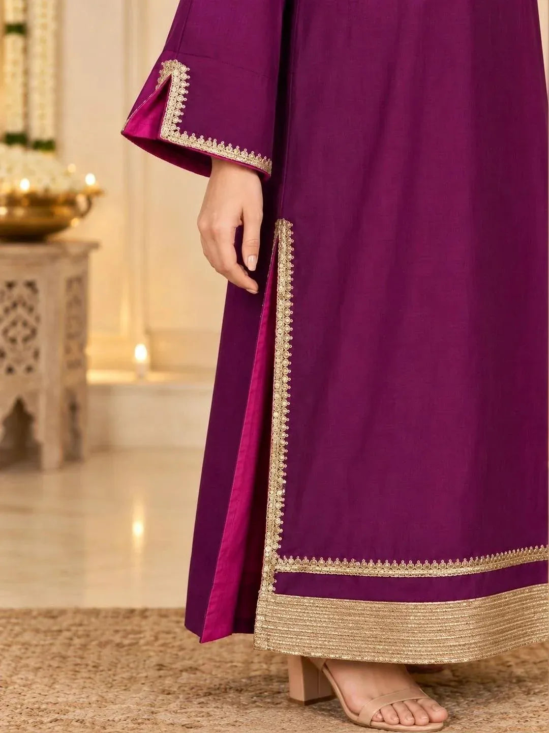 Purple Solid Embellished Gotta Patti Ankle Length Kurta