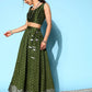 Olive Green & Silver-Toned Printed Ready to Wear Lehenga & Blouse With Dupatta