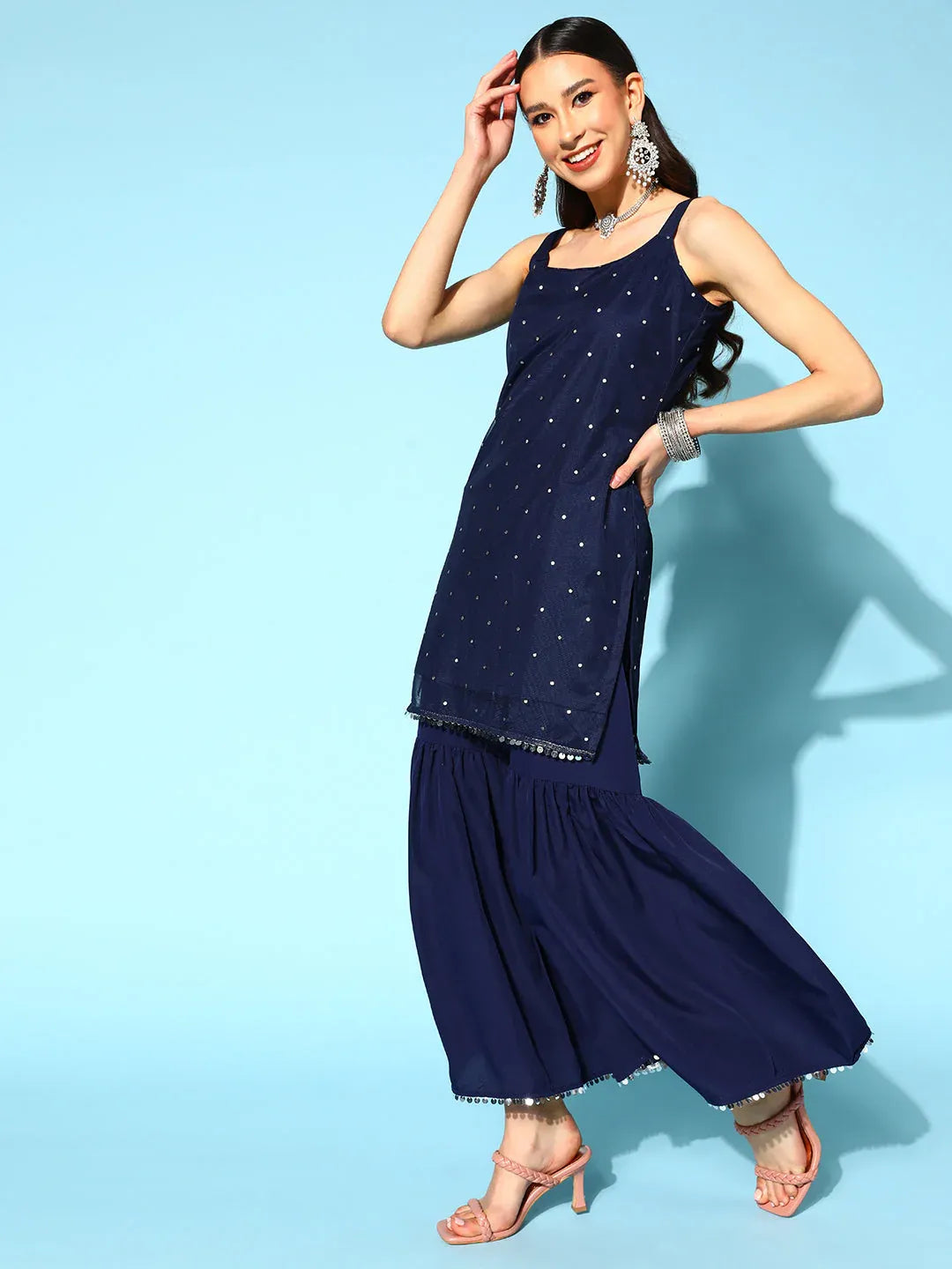 Women's Navy Blue Top to Toe Printed Fusion Sharara Sets With Dupatta