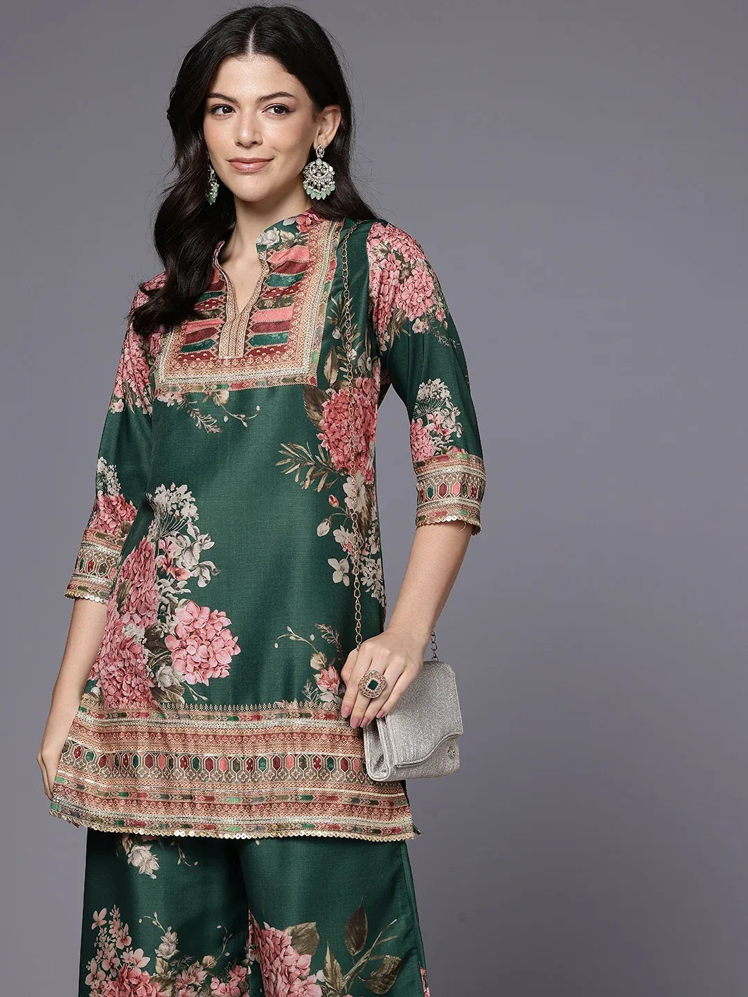 Printed Mandarin Collar Tunic with Palazzos